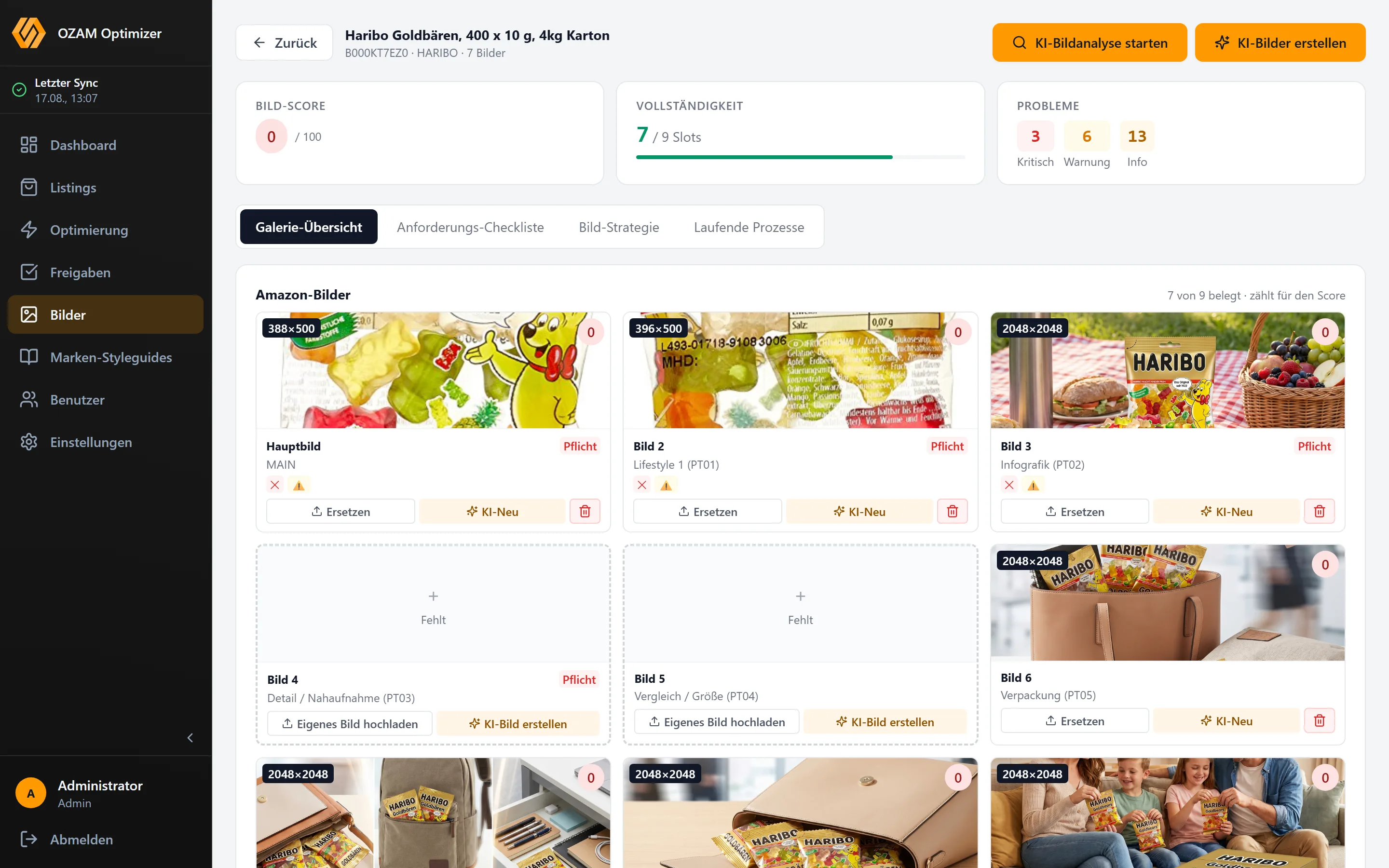 Bildanalyse für Haribo Goldbären: Kacheln für Bild-Score, Vollständigkeit mit sieben von neun belegten Slots und die Anzahl kritischer Hinweise. Darunter die Bildergalerie mit Auflösungsangaben je Bild, zwei als fehlend markierten Pflicht-Slots und Schaltflächen zum Hochladen oder KI-Erstellen.