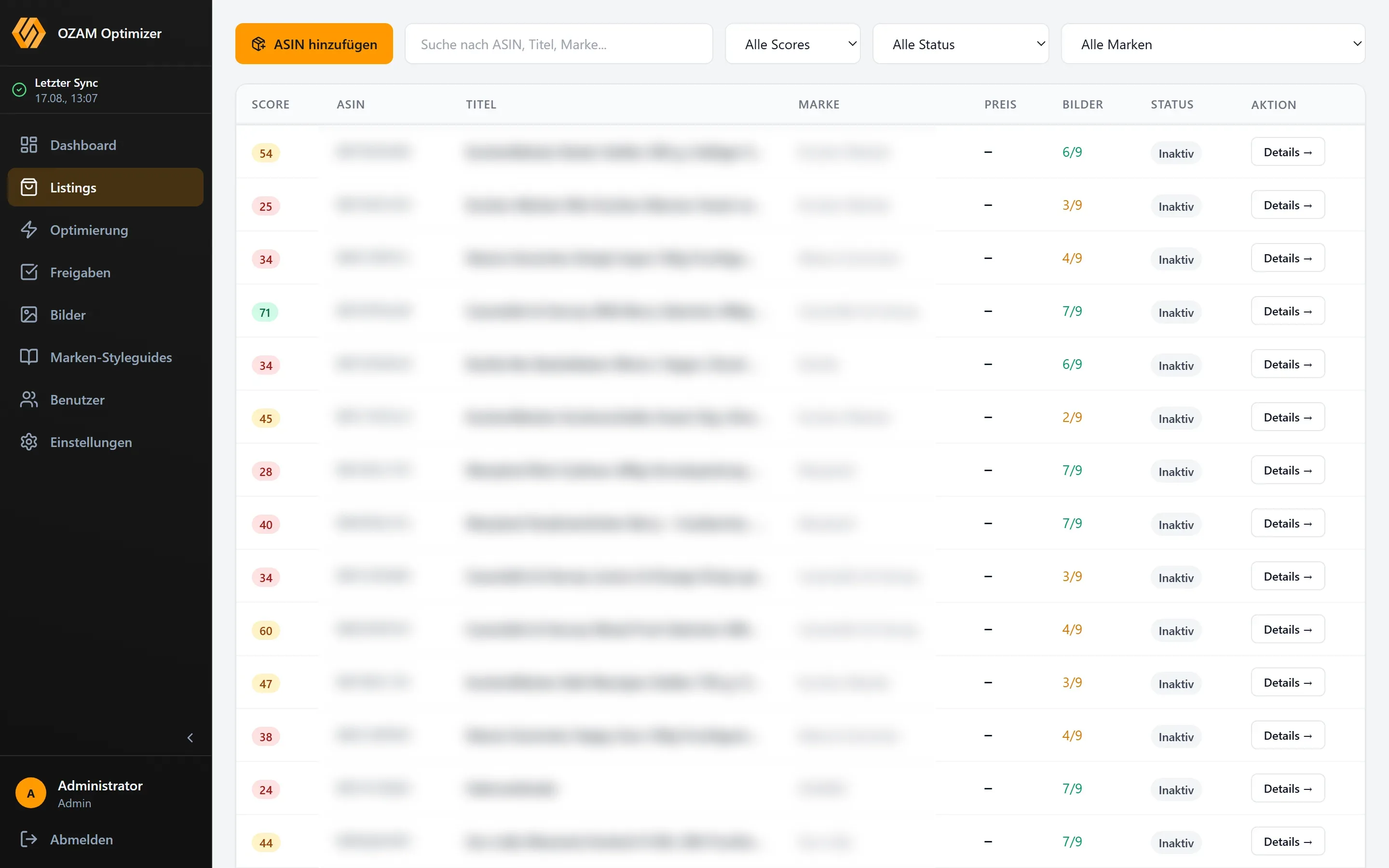Listing-Liste mit Suchfeld und Filtern für Score, Status und Marke. Jede Zeile zeigt den Score als farbige Kachel, ASIN, Titel, Marke, Preis, die Anzahl belegter Bildslots und den Status.